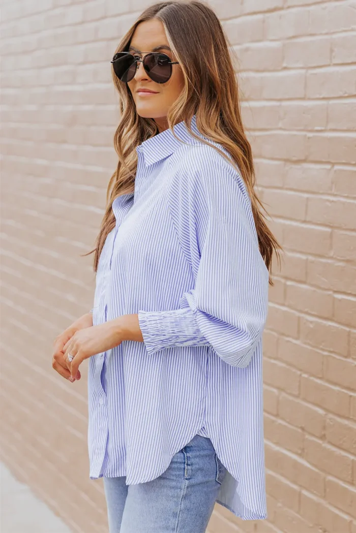 Skye Smocked Cuffed Striped Boyfriend Shirt with Pocket - Casual & Chic Oversized Top | Stylish Women's Button-Down - Image 6
