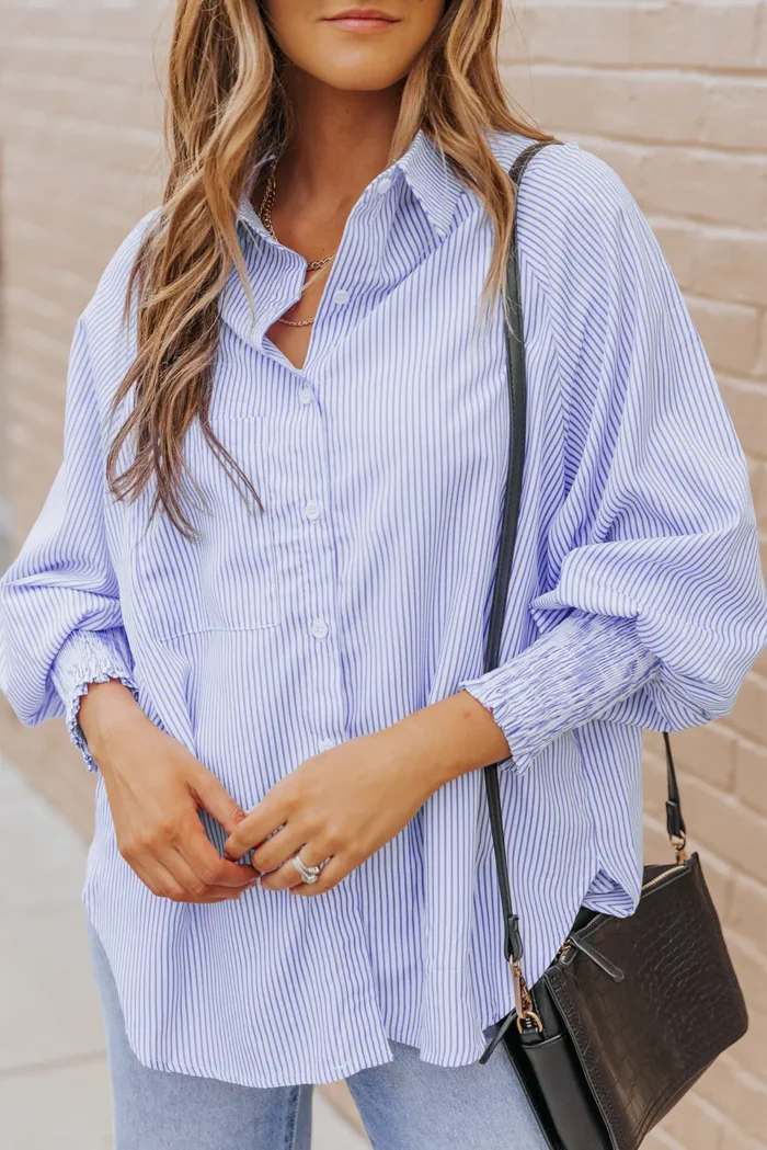 Skye Smocked Cuffed Striped Boyfriend Shirt with Pocket - Casual & Chic Oversized Top | Stylish Women's Button-Down - Image 4