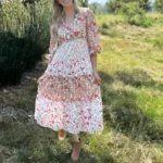 Lily Floral Ruffled Tiered Midi Dress - Elegant V-Neck, High Waisted, Long Sleeve Mid-Length Dress - Perfect for Any Occasion