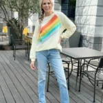 Penelope Striped Pullover Sweatshirt Rainbow Color-Block Crewneck for Stylish Comfort