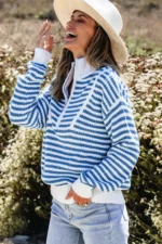 Quinn Stripe Zip Up Collar Sweater - Trendy, Comfortable, and Stylish Casual Wear - Image 3