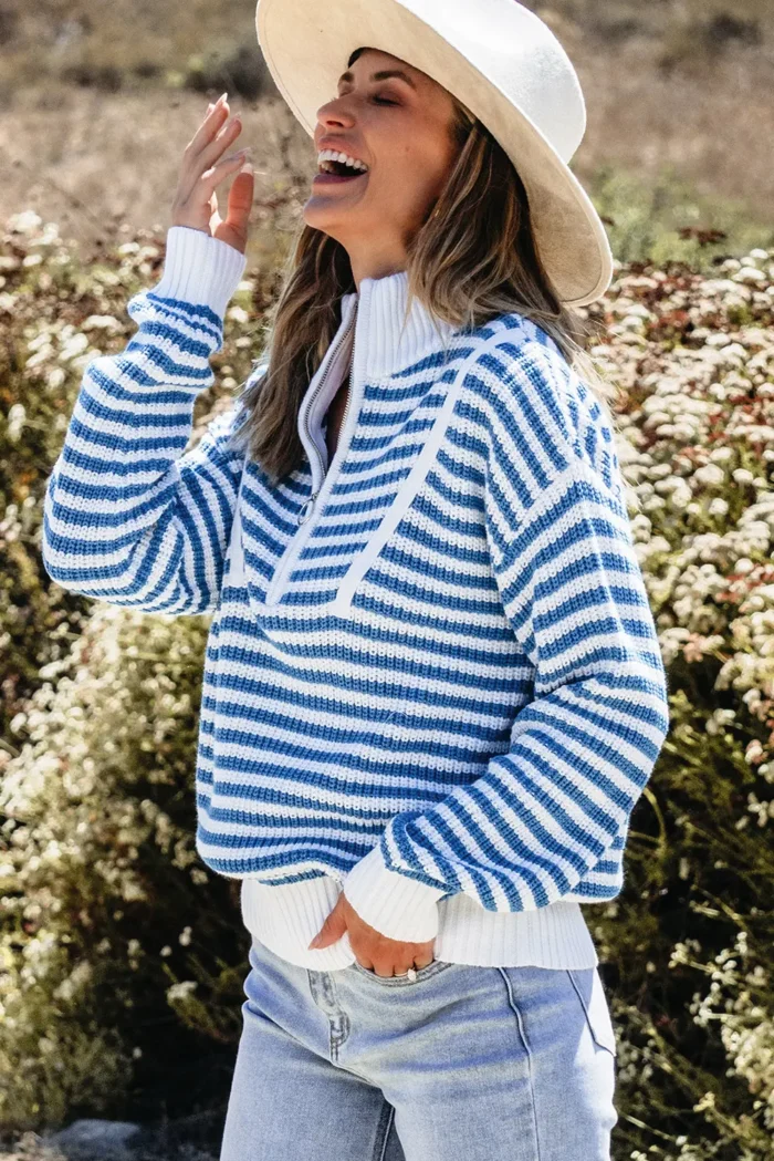 Quinn Stripe Zip Up Collar Sweater - Trendy, Comfortable, and Stylish Casual Wear - Image 3