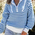 Quinn Stripe Zip Up Collar Sweater - Trendy, Comfortable, and Stylish Casual Wear