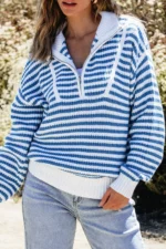 Quinn Stripe Zip Up Collar Sweater - Trendy, Comfortable, and Stylish Casual Wear