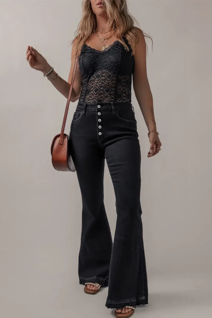 Lydia High Waist Button Front Flare Jeans - Retro Multi-Button Design, Fashion-Forward Fit - Image 4