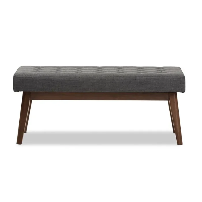 Elia Mid-Century Modern Bench - Elegant Walnut Wood & Dark Grey Button-Tufted Fabric Upholstery - Image 2