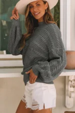 Raelynn Cable Knit Sweater - Elegant Lantern Sleeve Mock Neck Pullover for Women - Cozy & Stylish - Image 3