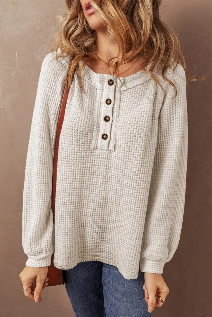 Lyla Waffle Buttoned Top - Stylish & Cozy with Button Placket and Raglan Sleeves - Image 1