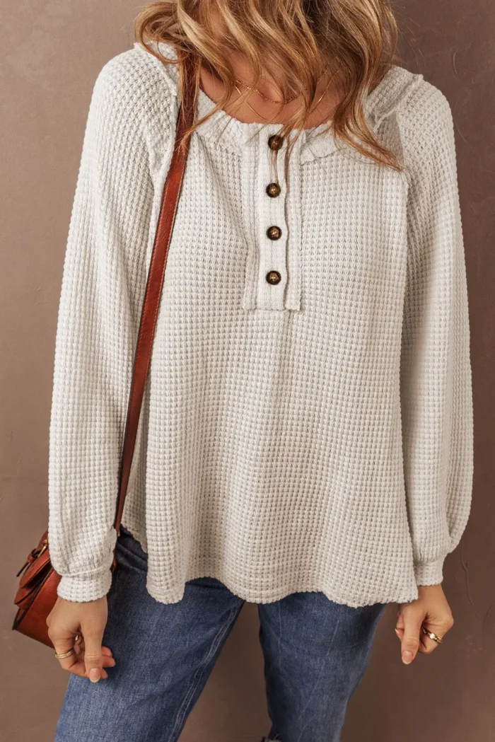 Lyla Waffle Buttoned Top - Stylish & Cozy with Button Placket and Raglan Sleeves - Image 3