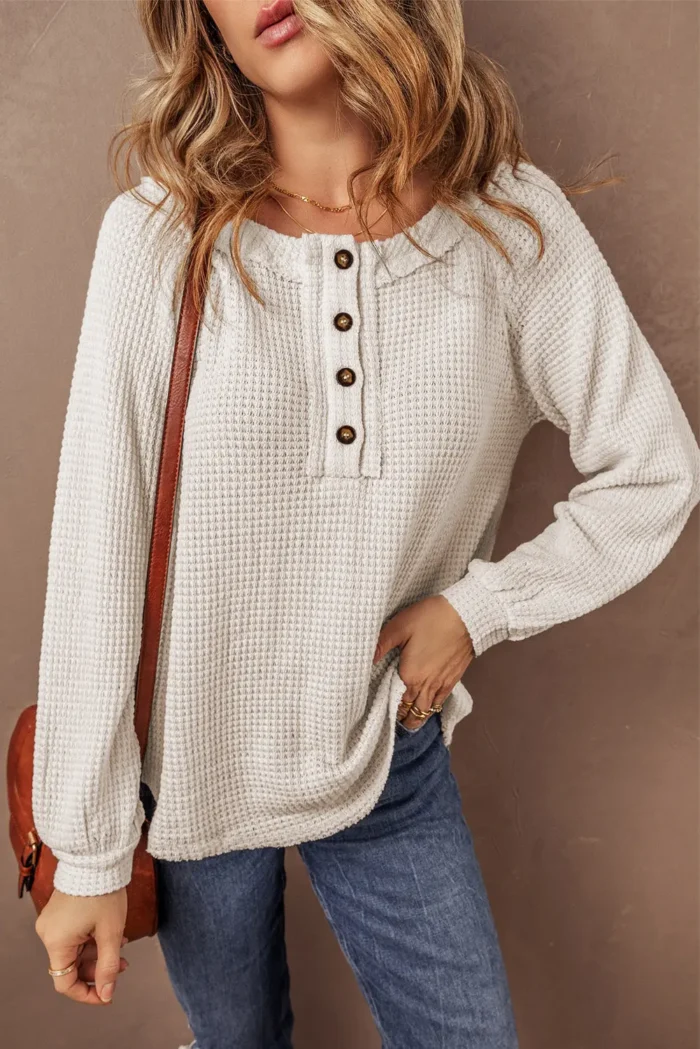 Lyla Waffle Buttoned Top - Stylish & Cozy with Button Placket and Raglan Sleeves - Image 4