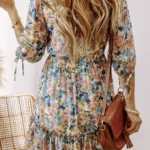 Amira High Waist Ruffled Dress - Elegant Floral Print, 3/4 Sleeves, V-Neckline | Timeless Elegance