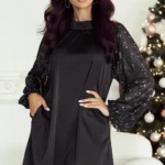 Esther Glittering Mesh Sleeve Dress - Elegant Mock Neck Mini Dress with Sparkling Sleeves