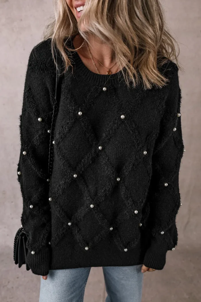 Valerie Pearl Embellished Rhombus Pattern Sweater Chic & Comfort in One | Shop Now! - Image 1
