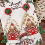 Festive White Christmas House Beaded Dangle Earrings Elegant Holiday Accessories