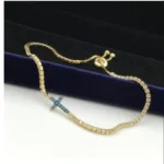 Holy Cross Crystal Accented Two Tone Pave Tennis Bracelet - Elegant Spiritual Jewelry in 925 Silver & 14kt Gold Plating