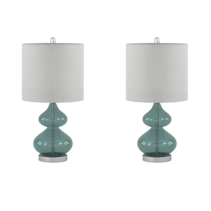 Ellipse Table Lamp Set Of 2 - Elegant Blue Glass Base with White Drum Shade - Image 23