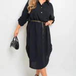 Chic Button Down Pull Up Sleeve Midi Dress with Front Pocket Effortless Elegance