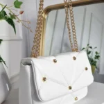 Elegant Studded Handbag with Chain Detail - Premium Faux Leather, Gold Studs, Classic White