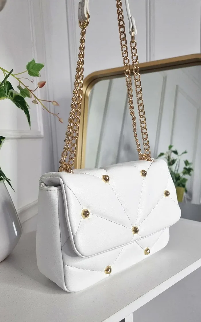 Elegant Studded Handbag with Chain Detail - Premium Faux Leather, Gold Studs, Classic White - Image 1