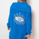 Gracie Oversized Long Sleeve Gold Sequin Eye Button Up Shirt Glamorous and Comfy