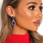 Elegant Blue Crystal Jewel Drop Earrings with Gold Halo - Perfect for Special Occasions