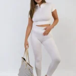 Ribbed Half Zip Crop Top and High Waist Leggings Co-ord Set - Trendy & Comfortable Athleisure Wear