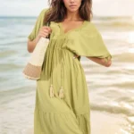 Elegant V-Neck Short Sleeve Midi Dress with Tassel Details - Perfect for Any Occasion