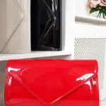 HEIDI Red Patent Envelope Clutch Bag with Gold Chain Strap - Elegant Faux Leather Evening Bag