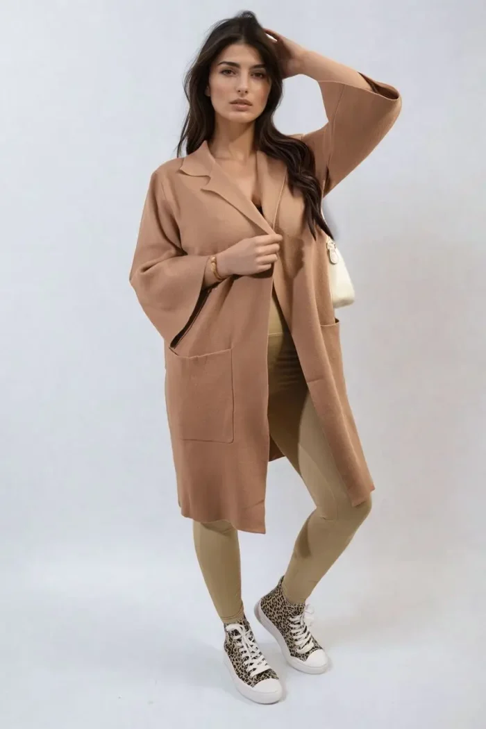 Cozy Open Front Longline Knitted Cardigan with Front Pockets - Perfect for Layering & Comfort - Image 1