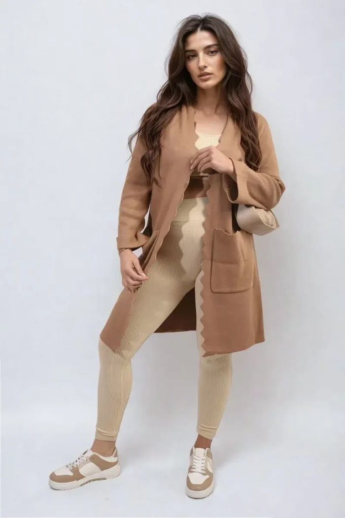 Wave Trim Knitted Cardigan with Front Pockets Cozy & Stylish Women's Sweater - Image 1