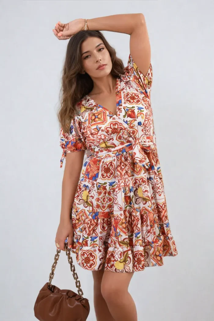 Stylish Floral V-Neck Tie Waist Mini Dress Perfect for Spring & Summer - Image 1