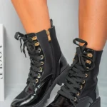 Frida Lace Up Combat Chunky Sole Biker Ankle Boots - Durable Faux Leather Boots for Women