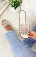Studded Caged Open Toe Sliders - Chic & Comfortable Summer Sandals - Image 2