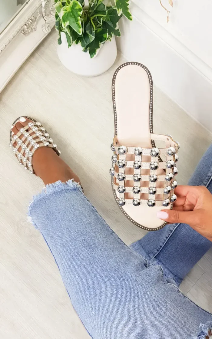 Studded Caged Open Toe Sliders - Chic & Comfortable Summer Sandals - Image 2
