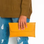 Elegant Faux Leather Envelope Clutch Bag - Mustard Croc Print, Detachable Strap & Zipped Compartment