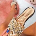 Women's Embellished Open Toe Sandals - Chic Rose Gold Sliders with 1" Heel | Perfect for Jeans or Maxi Dresses