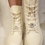 Stylish Zip Lace Up Chunky Biker Boots with Decorative Details - Edgy and Comfortable Footwear for Everyday Wear