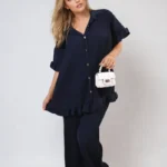 Elegant Button Pleated Frill Ruffle Top & Wide Leg Trousers Co-ord Set - Chic and Versatile for Any Occasion