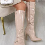 Elegant Knee High Heeled Boots - Black Faux Leather for Special Events & Nights Out