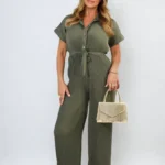 Elegant Marina Tie Waist Short Sleeve Pleated Jumpsuit - Versatile and Comfortable Women's Outfit