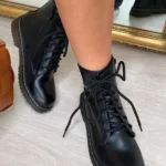 Stylish Lace Up Biker Boots with Chunky Sole - Faux Leather, True to Size | Classic Black | Comfortable & Durable