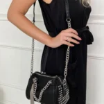 Stylish White Faux Leather Handbag with Silver Studs and Chain Detail - Perfect for Fashionistas