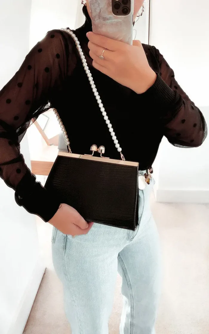 Elegant Croc Print Shoulder Bag with Pearl Detail & Detachable Strap - Perfect for Date Nights & Chic Outfits - Image 1