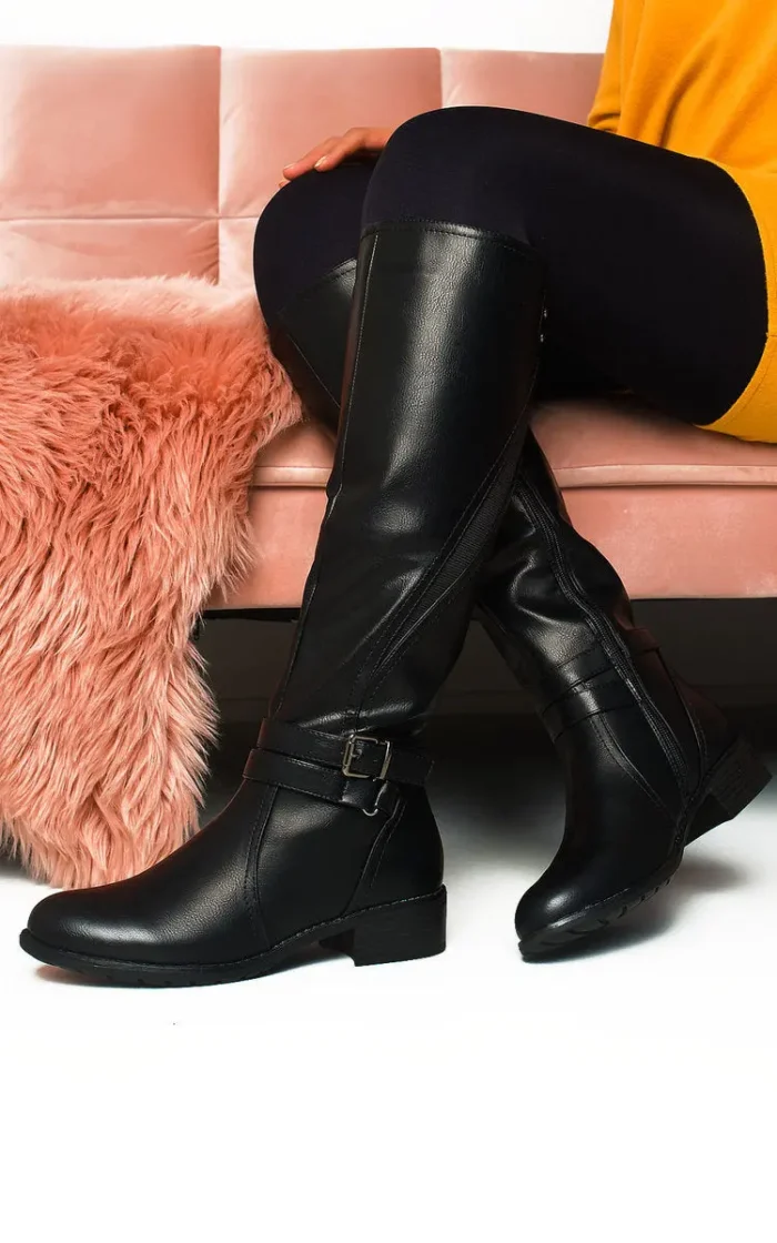 Chic Faux Leather Buckle Knee High Boots Stylish Comfort for All Seasons - Image 3