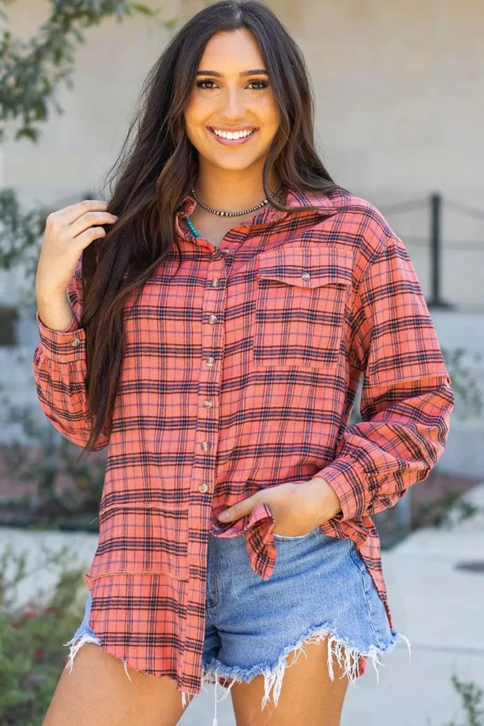 Stylish Plaid Long Sleeve Distressed Shirt with Side Splits | Perfect for Any Occasion - Image 1