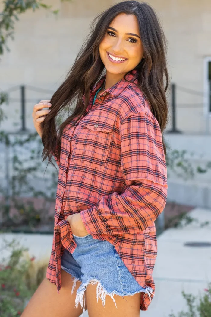 Stylish Plaid Long Sleeve Distressed Shirt with Side Splits | Perfect for Any Occasion - Image 3