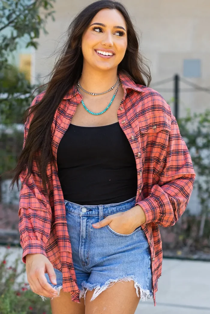 Stylish Plaid Long Sleeve Distressed Shirt with Side Splits | Perfect for Any Occasion - Image 8
