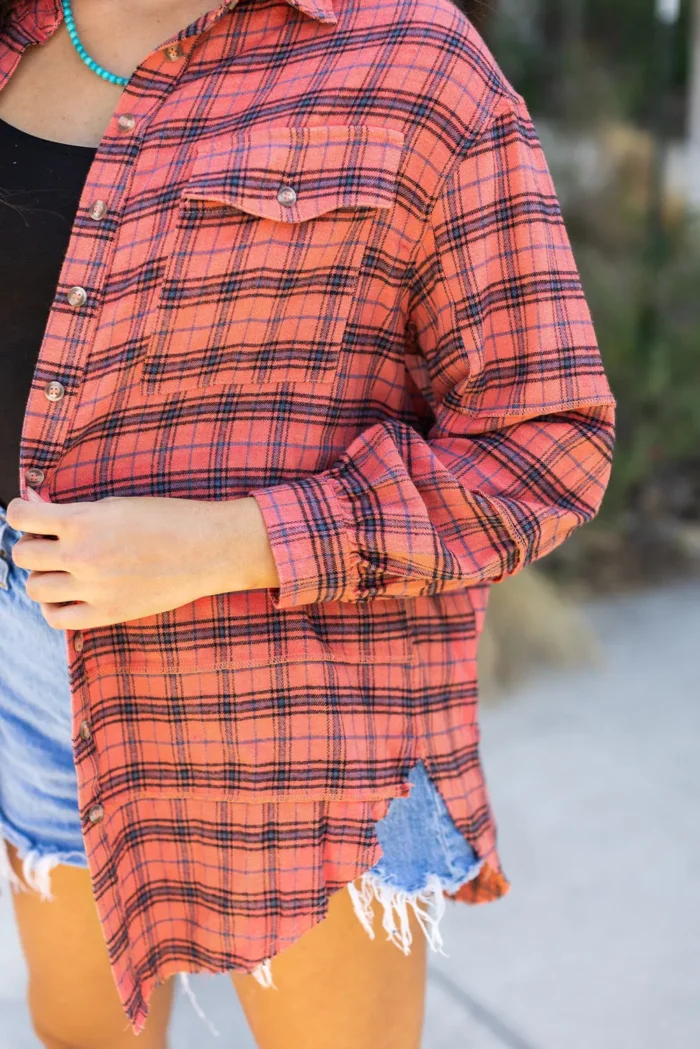 Stylish Plaid Long Sleeve Distressed Shirt with Side Splits | Perfect for Any Occasion - Image 12