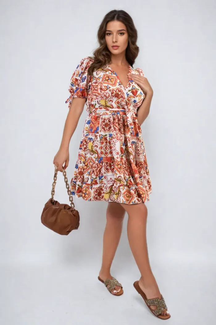 Stylish Floral V-Neck Tie Waist Mini Dress Perfect for Spring & Summer - Image 3