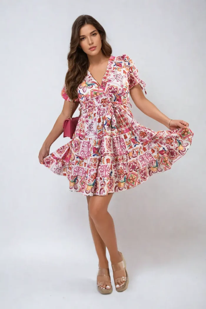 Stylish Floral V-Neck Tie Waist Mini Dress Perfect for Spring & Summer - Image 4